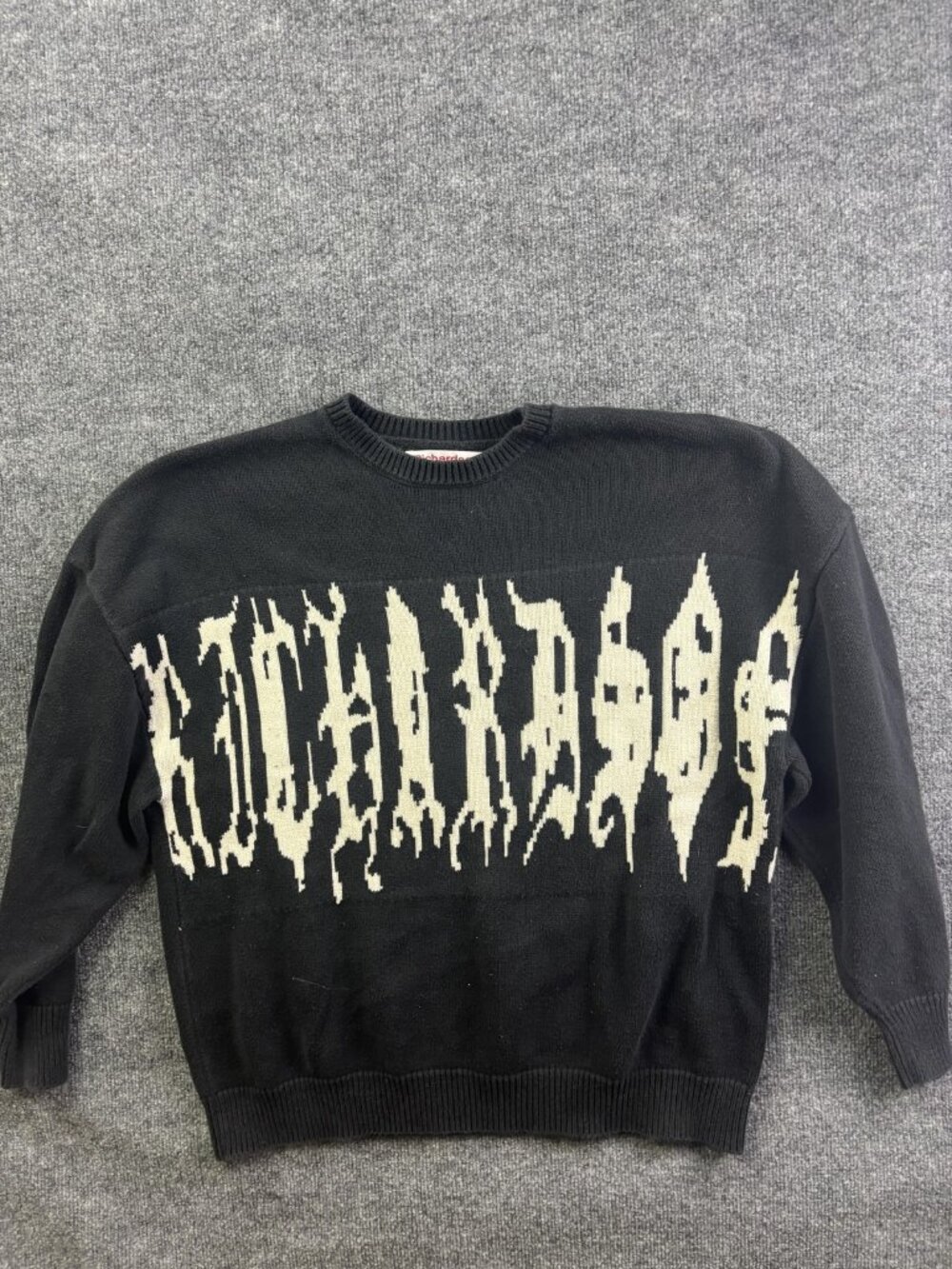 Richardson Intarsia Sweater Mens Medium Black Crewneck Graphic Logo Knit